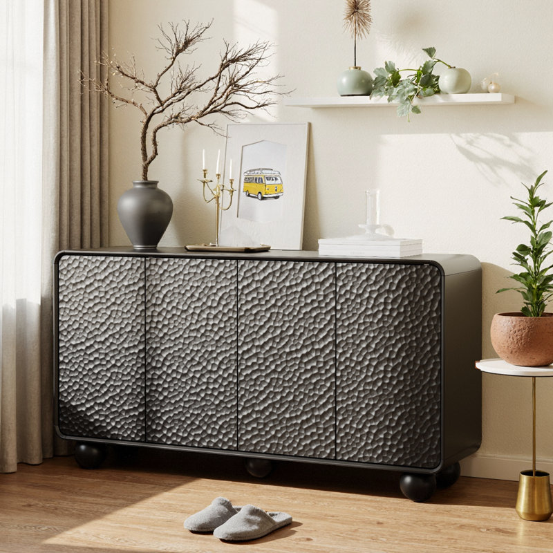 Buffet de rangement avec design incurvé, texture de porte en nid d'abeille, pieds géométriques