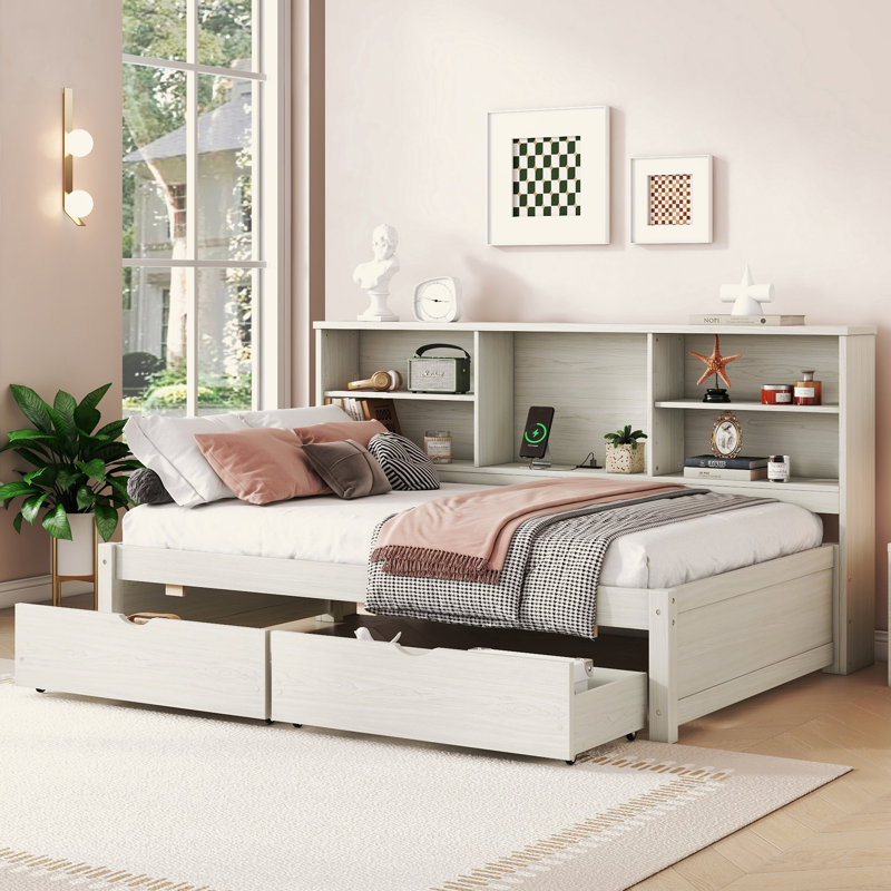 Structure de lit simple avec tablettes latérales, deux tiroirs et port USB intégré, Blanc crémeux