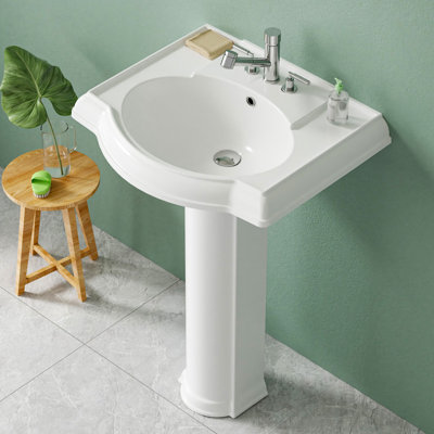 23" W x 19" D Bathroom Pedestal Sink with Water Blocking Edge, 3 Faucet Holes & Overflow, White