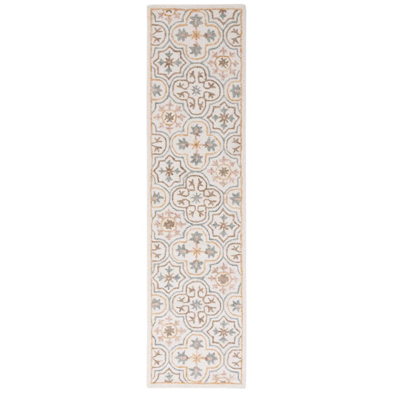 Caleia Micro-Loop Hand Tufted Wool/Cotton Floral Rug in Gray/Orange/Ivory, Runner 2'3" x 9'