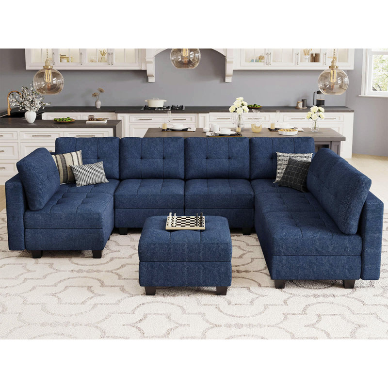 Ashbury Ivery 116.6'' U Shaped Couch Modular Polyester Blend Sectional Sofa with Cushions, Blue Polyester Blend