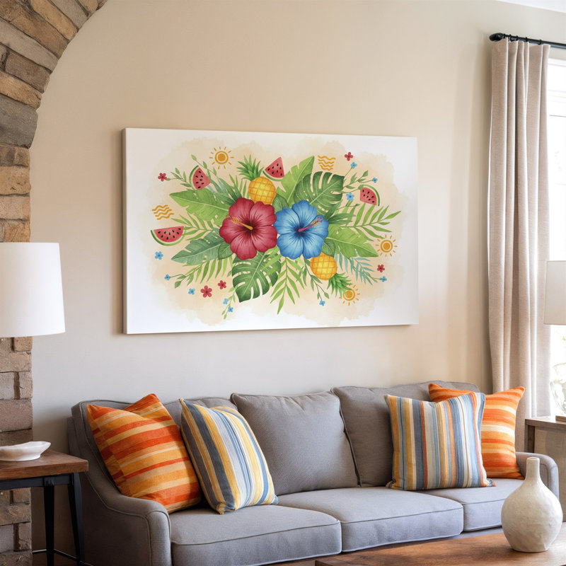 Reproduction d'art sur toile, "Hibiscus" dans une teinte rouge et bleue, H 9 po x l 12 po