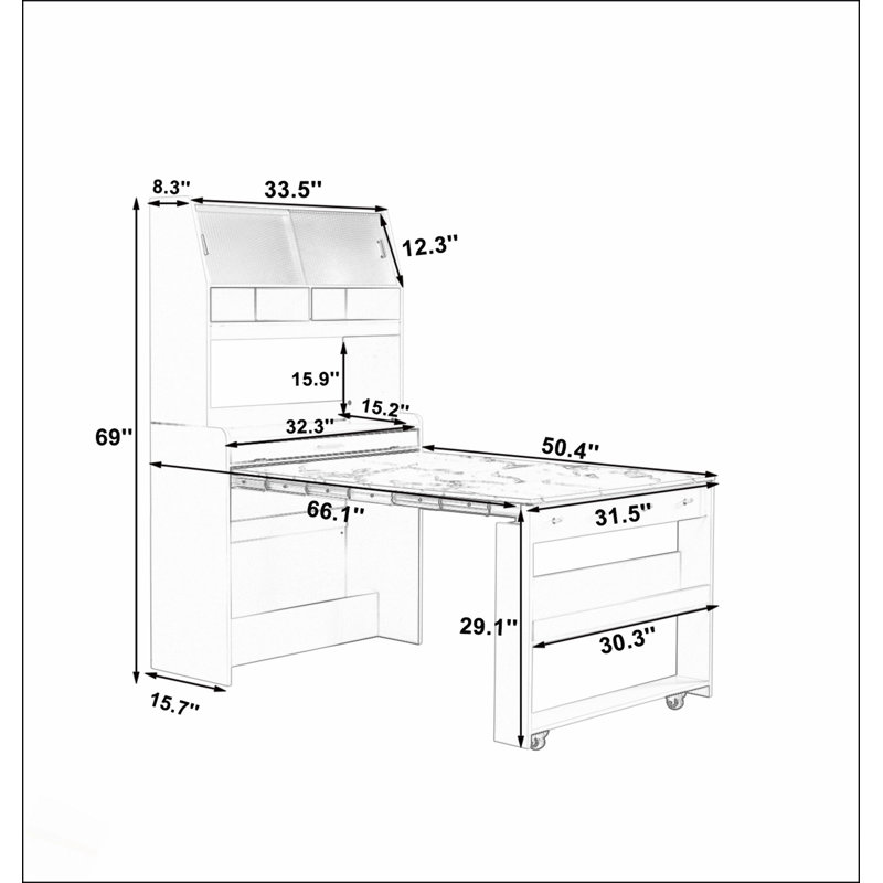 Buffet compact de 33,5 x 15,7 x 69 pouces avec huche et table de salle à manger pliable, armoire multifonctionnelle avec tablette de rangement et crochets latéraux pour petits espaces