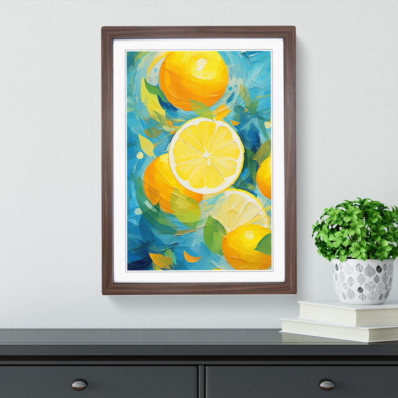 Lemon Fruit Abstract - Single Picture Frame Print on Wood, 34cm H x 25cm W x 2cm D, Walnut 