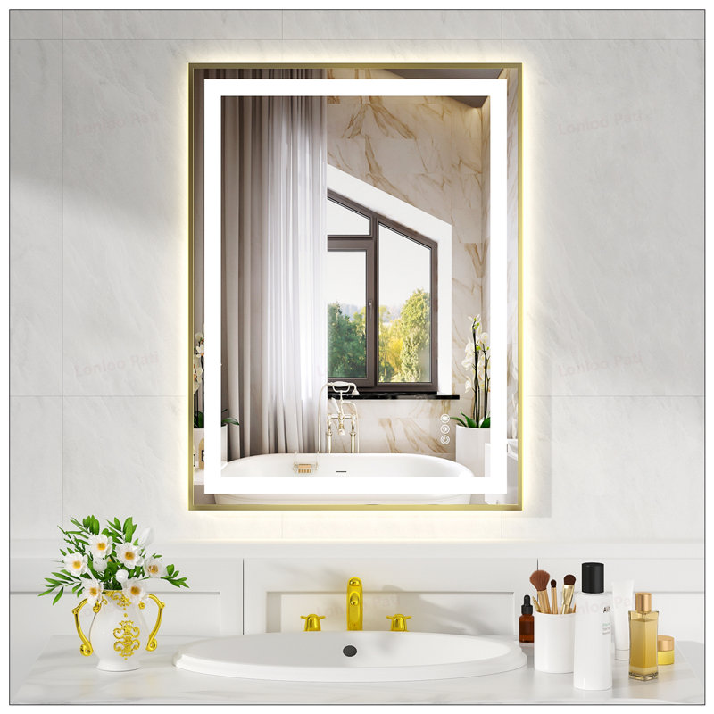 Élégant miroir à cadre doré avec deux bandes lumineuses à DEL et fonction antibuée pour les salles de bain modernes