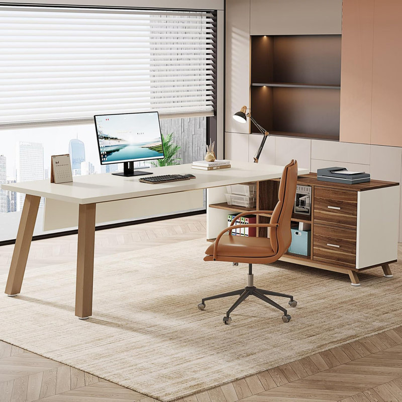 Bureau de direction en L avec classeur, grand bureau d'ordinateur moderne, White/White+Walnut