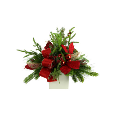Evergreen Holiday Arrangement With Ornaments And Bows