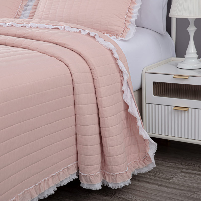 Bonnie Double Frayed Ruffled Edge Cotton Quilt Set, White/Blush, Twin Quilt + 1 Standard Sham