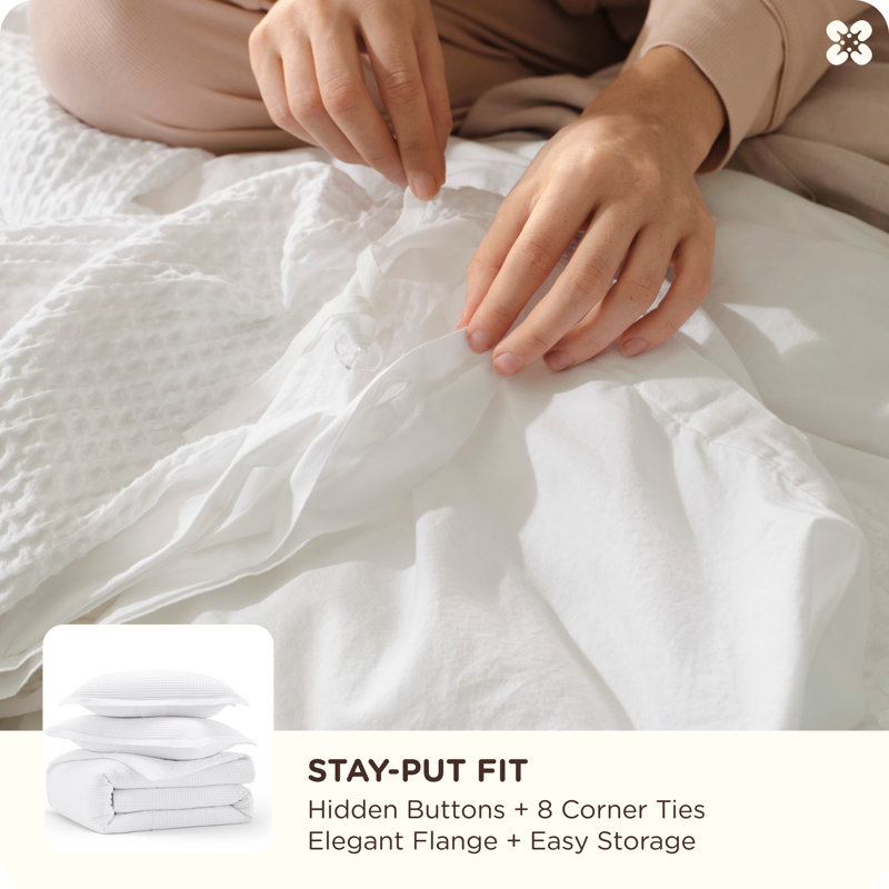 Bedsure Luxury Soft 100% Cotton Waffle Weave Plaid Duvet Cover, King Duvet Cover + 2 King Shams, Coconut White