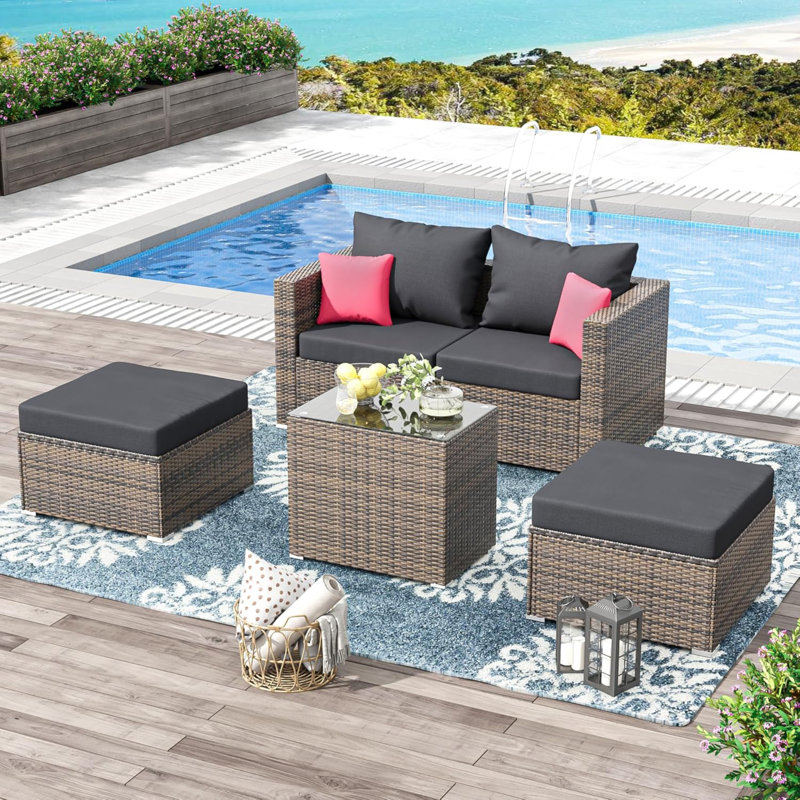 5 Pieces Outdoor Sectional Furniture Set With Ottomans Pe Wicker Patio Conversation Sets Sofa For Backyard Garden