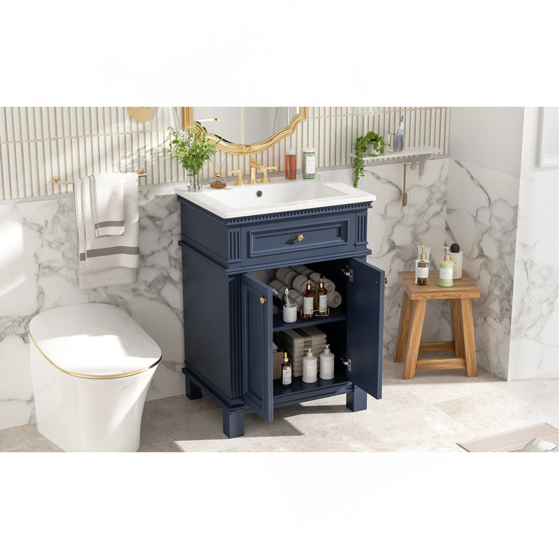 Armoire de salle de bain 24 po avec portes à fermeture douce et tablette réglable, meuble-lavabo avec lavabo en céramique
