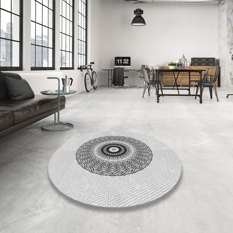 Tapis blanc/noir tissé à la machine, Rond 6 pi