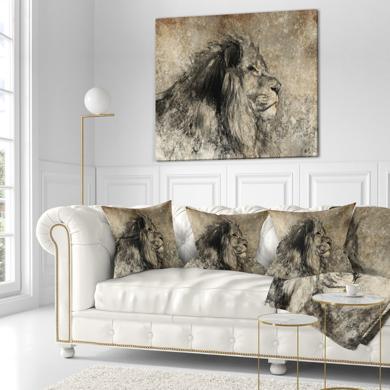 Lion en sépia - coussin imprimé animal, 16 po x 1 po, Coussin décoratif