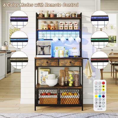 Étagère de boulanger de 64 pouces avec prises de courant et armoire de rangement, armoire à café avec tiroir, support à micro-ondes pour station de café industriel avec lumières DEL et crochet
