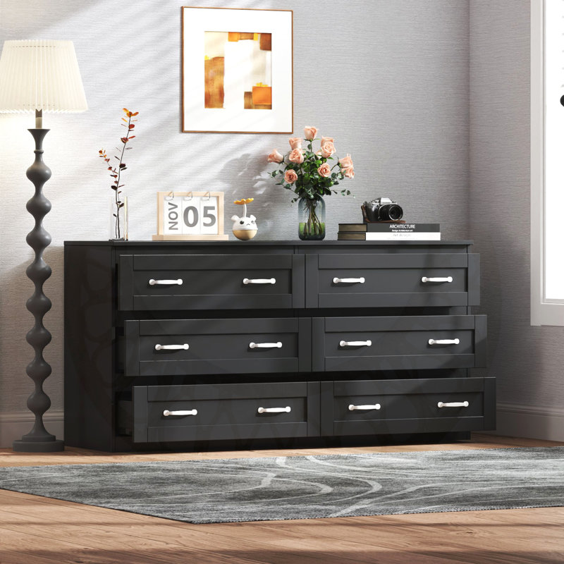 Armoire latérale moderne à 6 tiroirs, commode en bois avec poignées en métal pour un rangement efficace et une organisation élégante