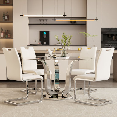 Ensemble de table de salle à manger 38,9 po pour 4 personnes, table de cuisine en verre trempé avec base en acier inoxydable argenté et 4 chaises en cuir synthétique