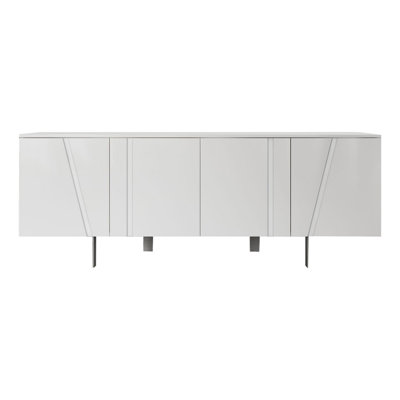 Alens 75 Inch 4 Doors Modern Buffet Server, Geometric Front, Metal Legs, White