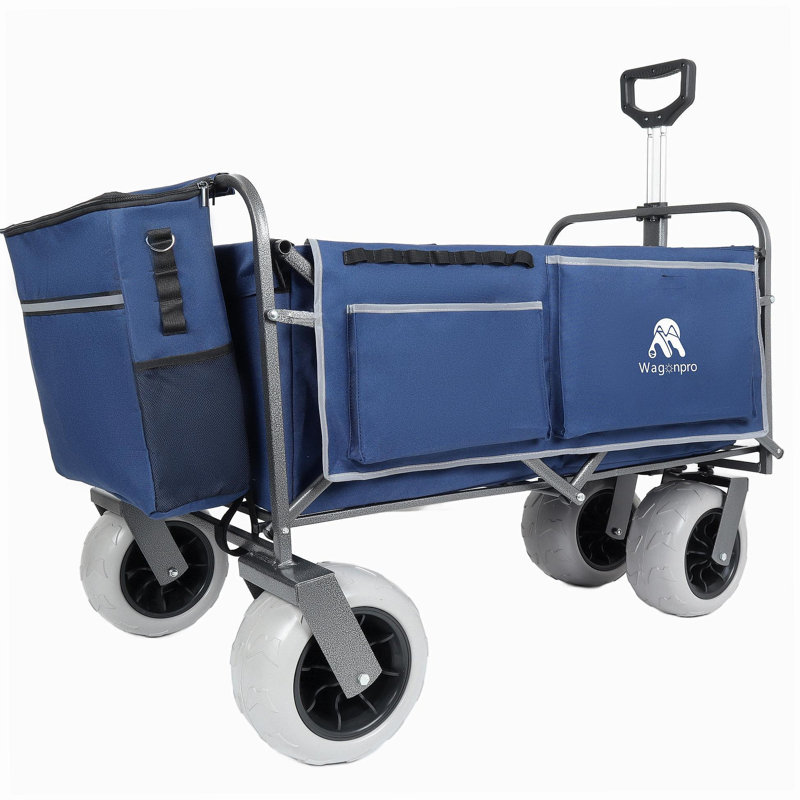 Chariot de plage avec grandes roues pour le sable capacité de 500 lb - Conception brevetée, chariot tout terrain à structure en acier avec pneus pneumatiques de 9 po, conception pliable pliable, sangle avec sac multiusage, bleu foncé