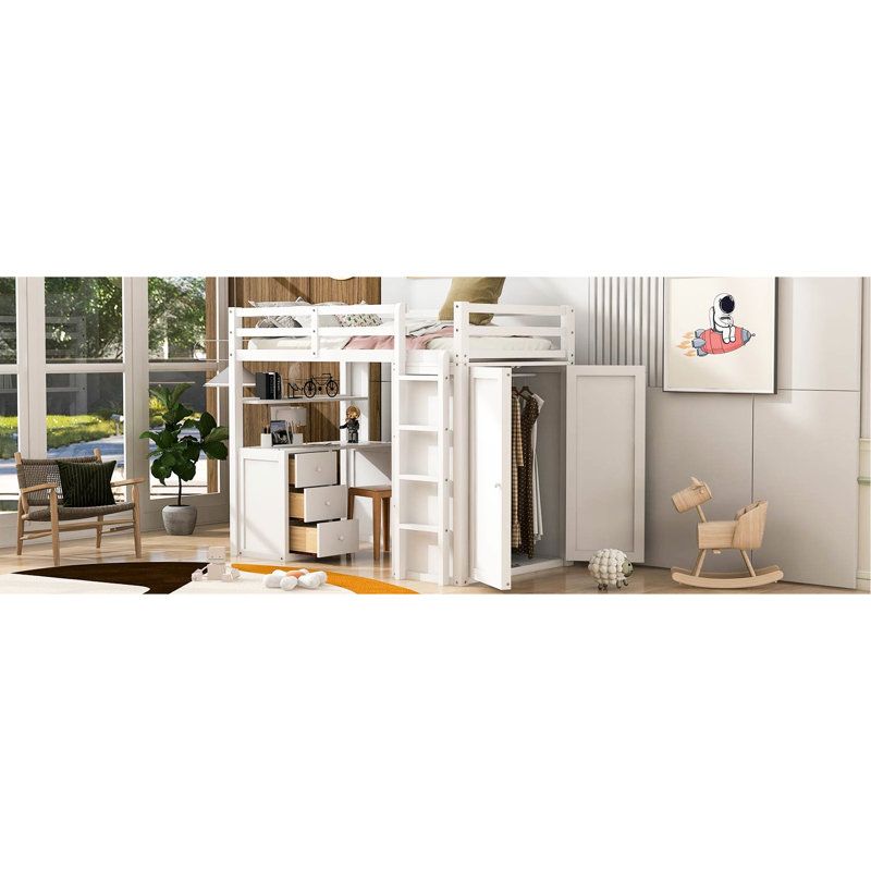 Lit mezzanine simple blanc avec rangement pour bureau. Panneau robuste. Maximisez votre espace de travail. L 78,3 po x H 65 po x l 44 po et garde-robe. Matériaux de construction. Espace de vie.