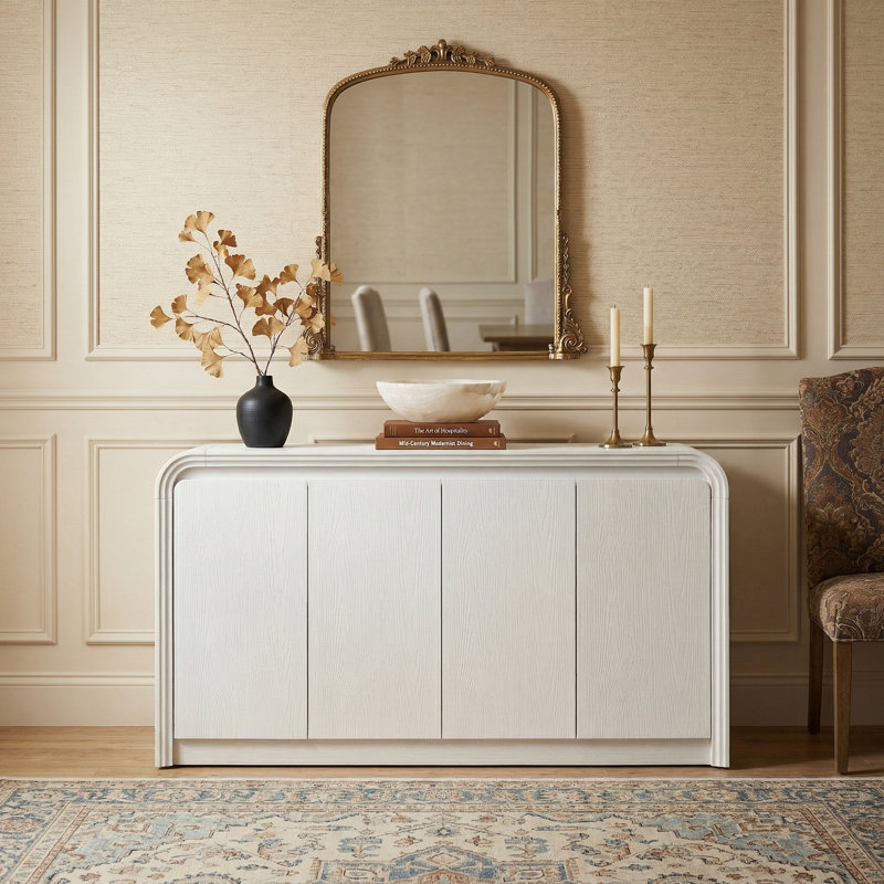 Curved Edge 55.12" Wide White MDF 4-Door Buffet Cabinet with Storage, White