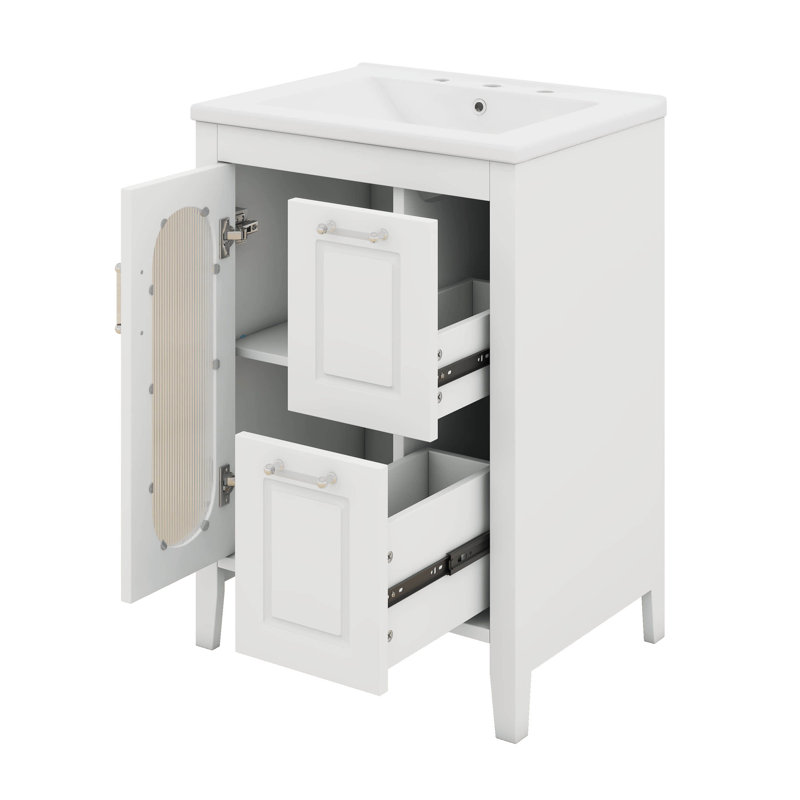 Meuble-lavabo de salle de bain 24 po avec lavabo en céramique, 1 porte en verre, 2 tiroirs à fermeture douce et tablette réglable