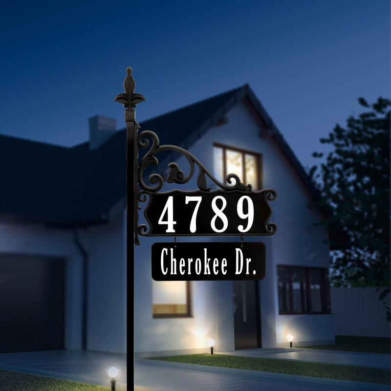 Double-Sided Reflective Boardwalk Address Sign with Name Rider on 62" Pole, Yes