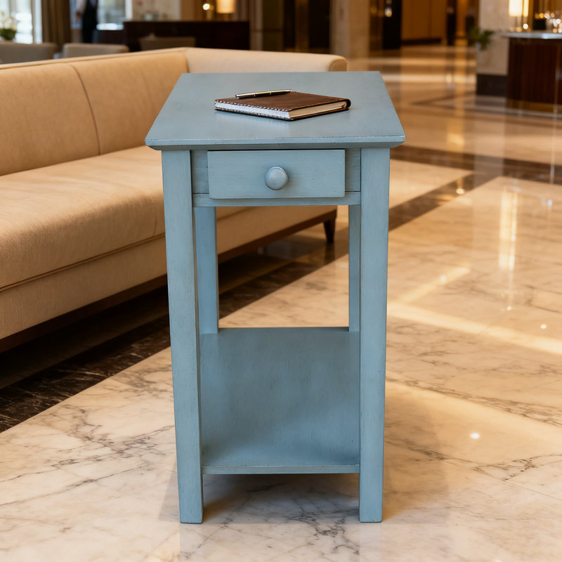 Table de bout en bois massif avec tablette inférieure, finition bleu océan antique frottée pour le salon, la chambre à coucher ou le vestibule