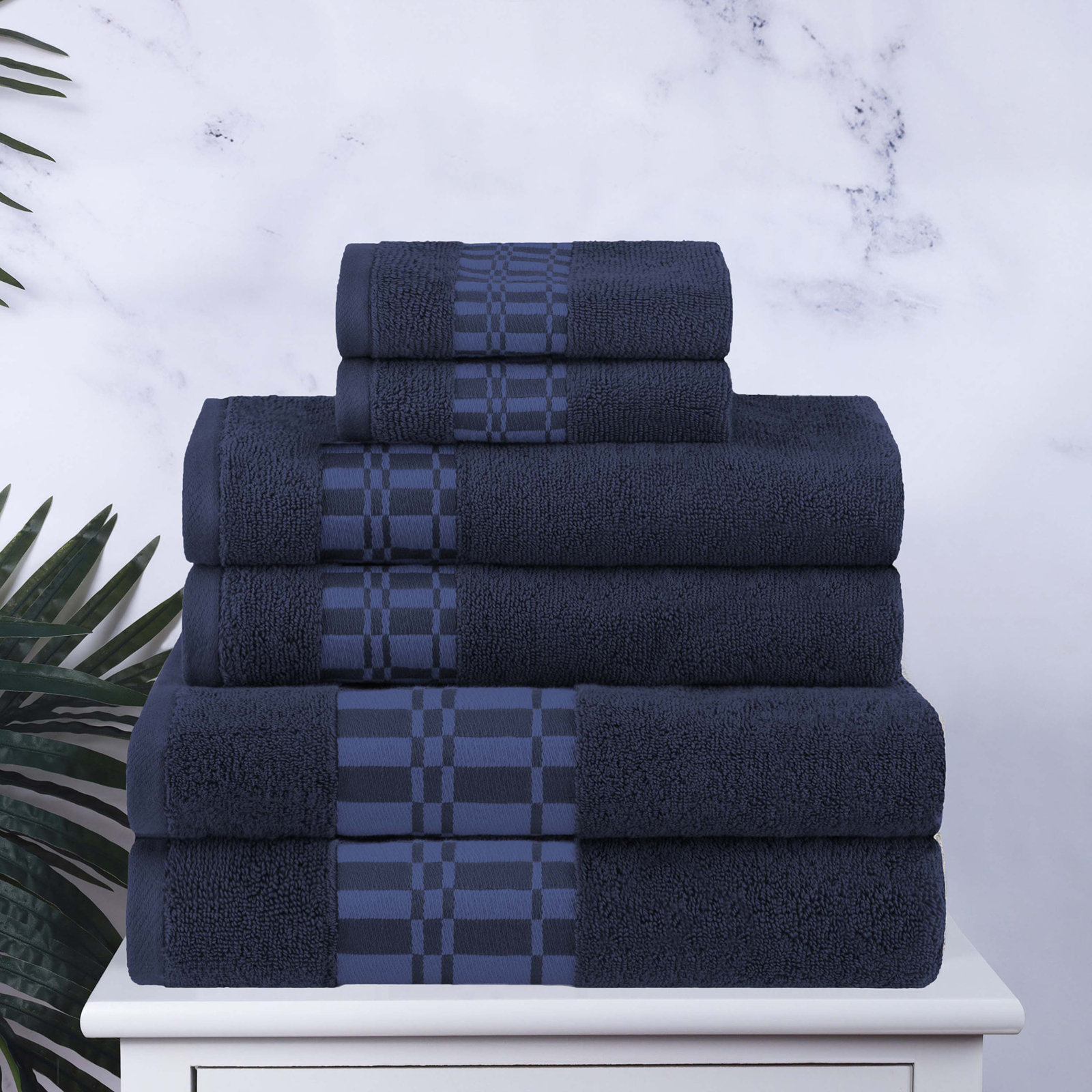 Mikira 6-Piece Geometric Border Towel Set, Navy Blue