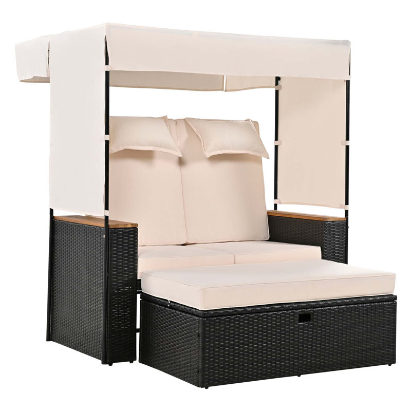 Outdoor Rattan Daybed With Multiple Functions And Comforts, Beige, Black