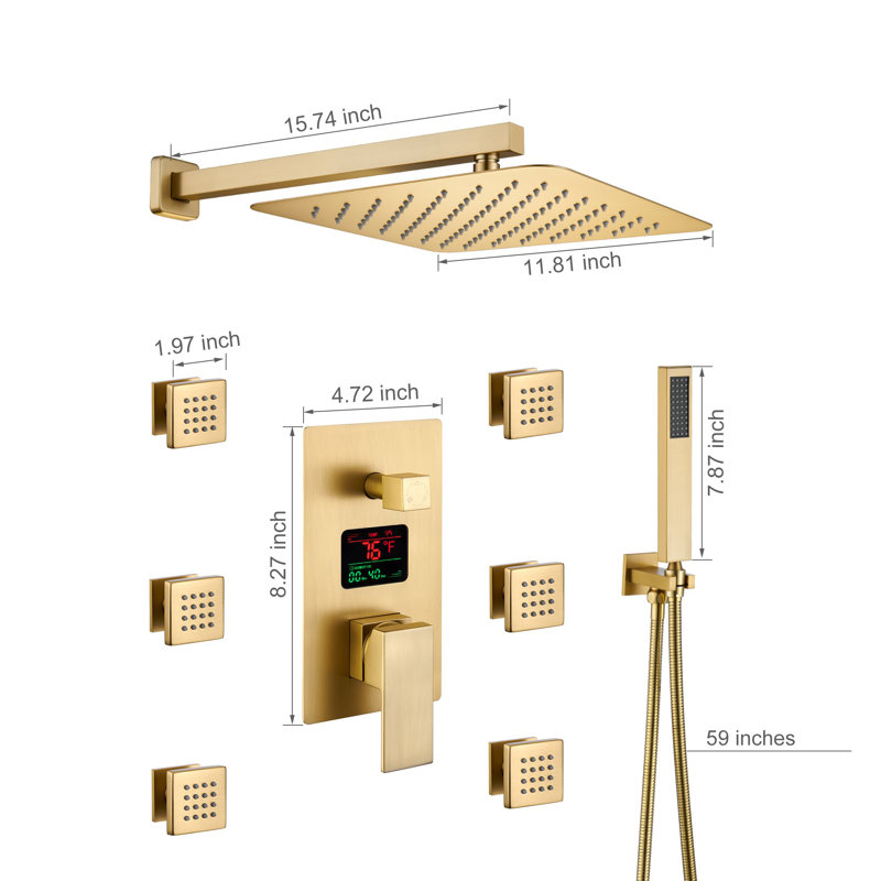 Herathena Wall Mounted Luxury Shower System with Digital Display (Rough-in Valve Included), Brushed Gold