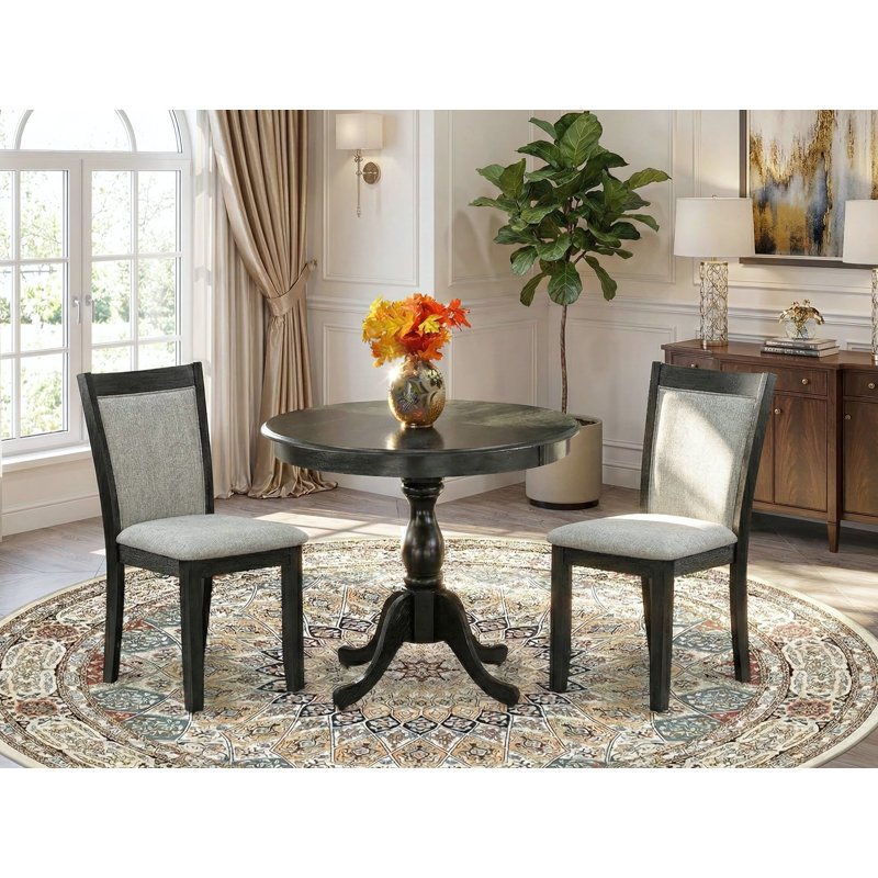 L'ensemble de 3 tables de salle à manger modernes comprend une table de cuisine ronde avec piédestal et 2 chaises rembourrées en tissu Shitake, noir brossé