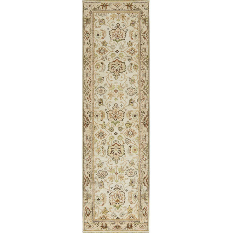 Tapis de couloir crème / ivoire / brun noué à la main de conception unique One-of-a-Kind