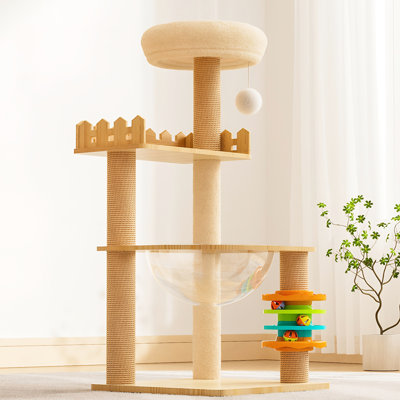 Arbre à chat moderne en bois pour animaux de compagnie de 39,3 po avec poteaux à griffer enveloppés, salon supérieur confortable, acrylique et attrayant