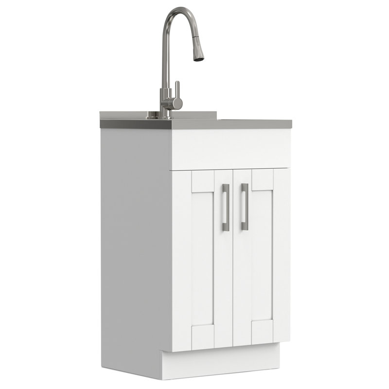 Pure White Freestanding Shaker Laundry Cabinet with Stainless Steel Sink