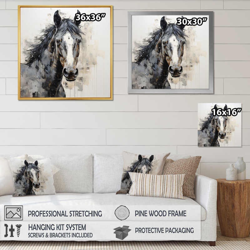 Cheval gris, ton sobre pointillisme I - impression, H 30 po x l 30 po x P 1 po, Cadre flottant noir