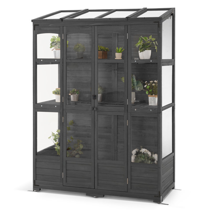 57.9" W x 28.5" D Wooden Greenhouse with Openable Roof and Lockable Door, Dark Gray