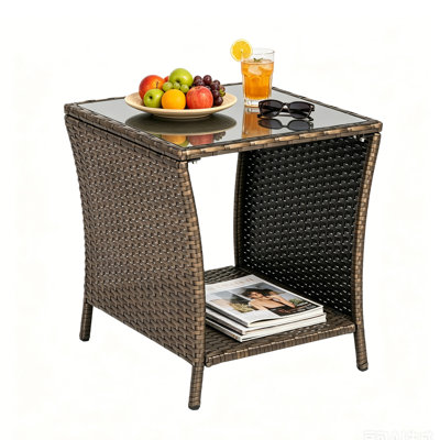 PE Rattan Patio Side Table - Outdoor Wicker End Table with Black Glass Top, Rattan Coffe Table in Iron Frame for Backyard Balcony Poolside, Dark Brown