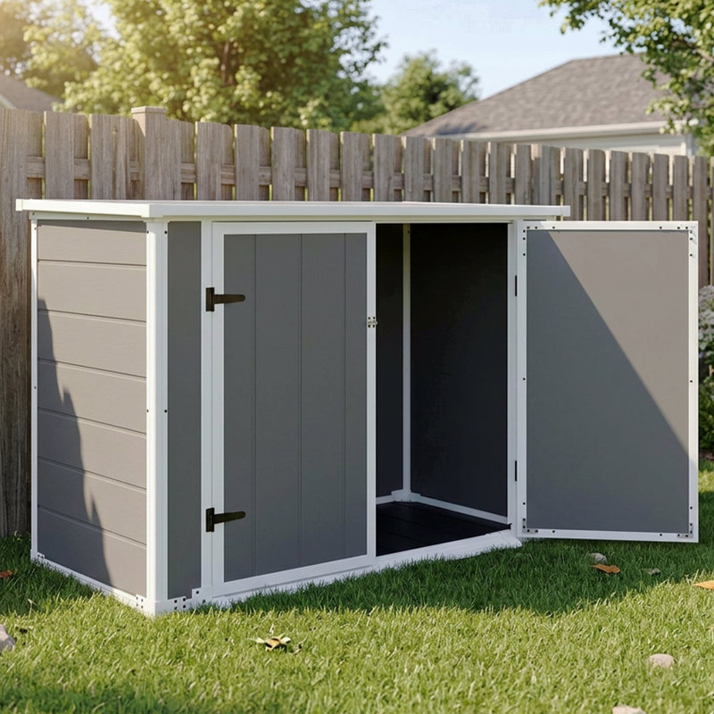Remise de rangement horizontale horizontale avec rampe et couvercle hydraulique, armoire de rangement imperméable et verrouillable pour poubelles, outils et bois de chauffage