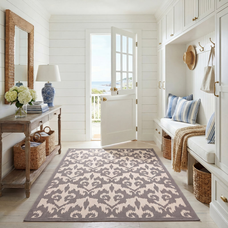 Tapis intérieur / extérieur à motif géométrique anthracite / beige Dailene, Rectangle 5 pi 3 po x 7 pi 7 po