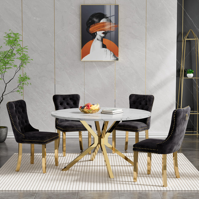 47.2" Dining Table Set for 4, Round Kitchen Table with Stainless Steel Pedestal, Circle Dining Room Table with Tufted Dining Chairs, Modern Dining Set for Kitchen Living Room