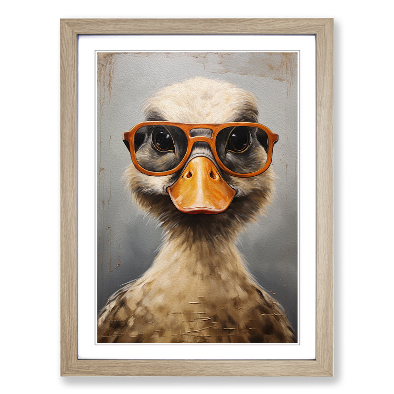 Duck With Glasses Painting - Single Picture Frame Print on Wood, Oak Framed, 34cm H x 25cm W