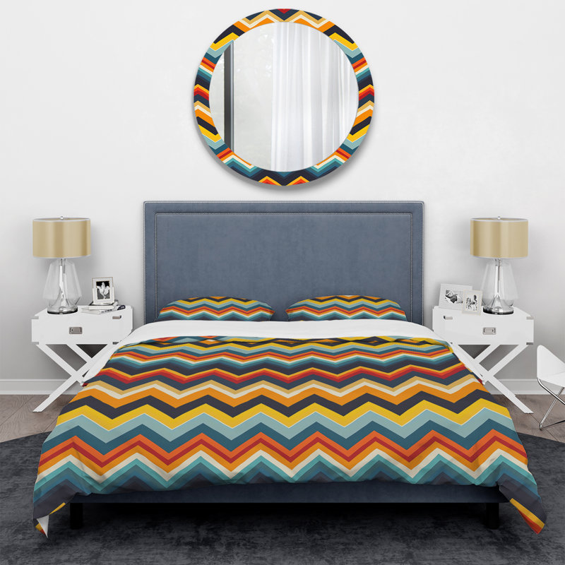 Ensemble de housse de couette à chevrons bleu et orange Harmony II, Housse de couette simple et deux taies décorative