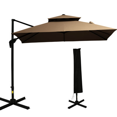 Offset Patio Umbrella With Base, 360° Rotating, Double-Top Canopy Structure Pattern, 8 Ribs, Effortless Tilt, Crank, Coffee 360-Degree Rotatable, Double-Top, Simple Tilt Feature,