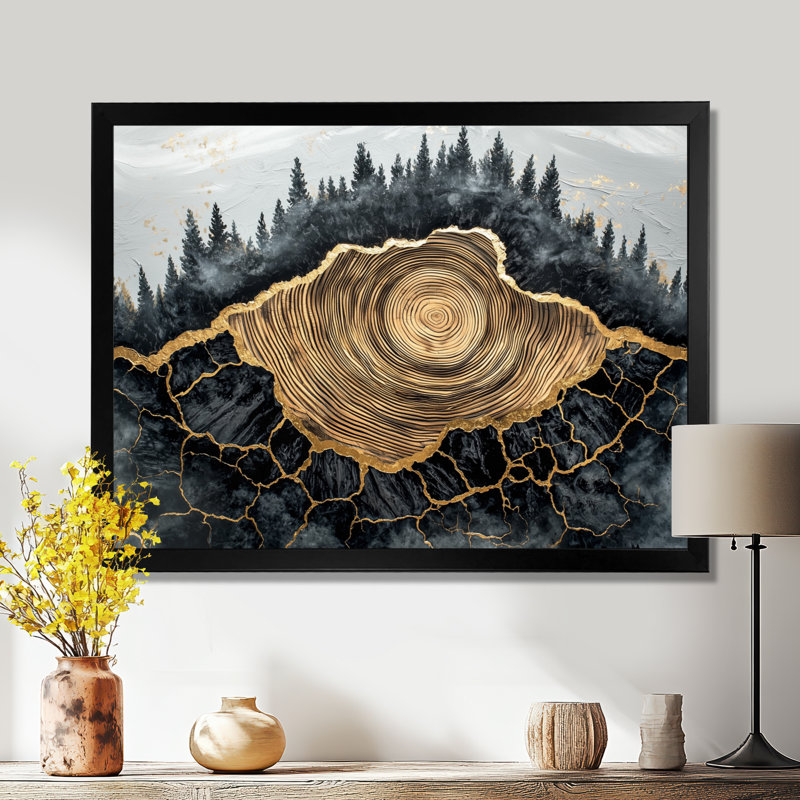 Gerina forêt sombre liquide Gem River I - forêt, art mural, H 30 po x l 40 po, Noir, Avec cadre