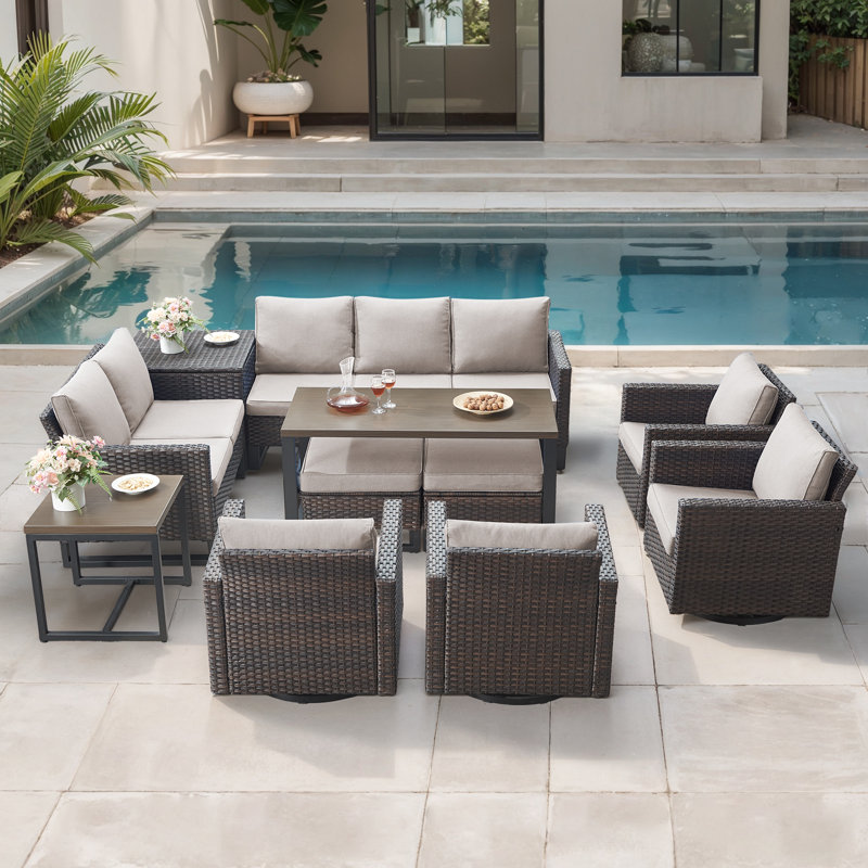 Ingvald 9 Person Outdoor Courtyard Wicker Family Conversation Set Group With Swivel Chairs And Storage, Beige
