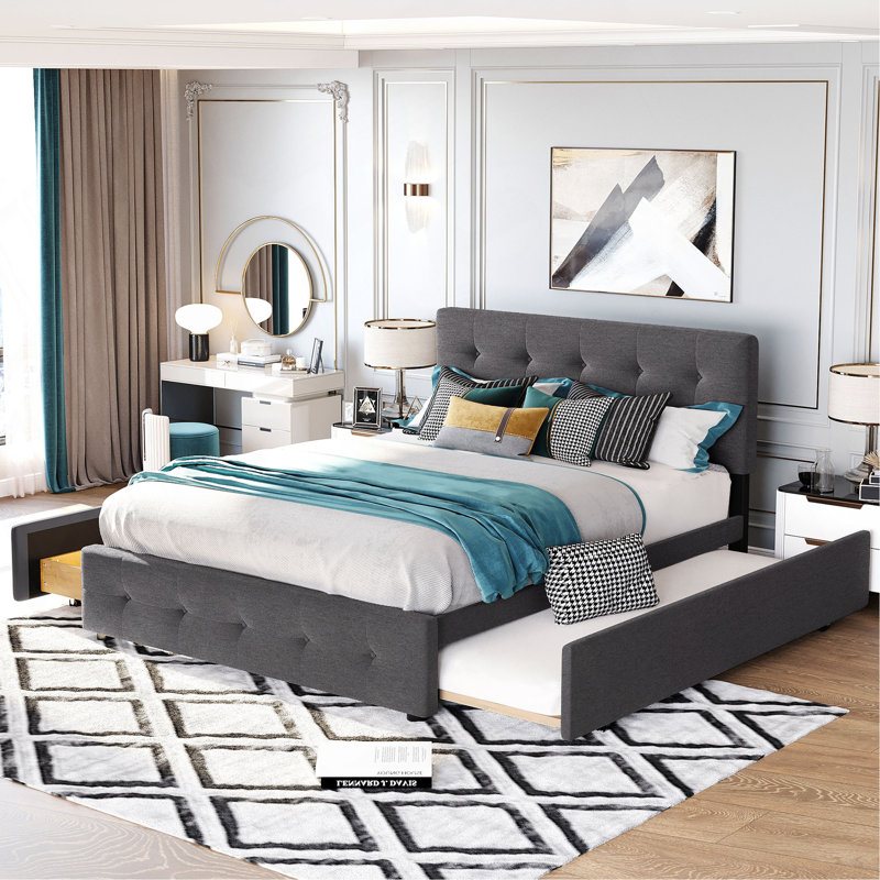 Lit plateforme tapissier avec 2 tiroirs et 1 lit simple TG, tissu en lin