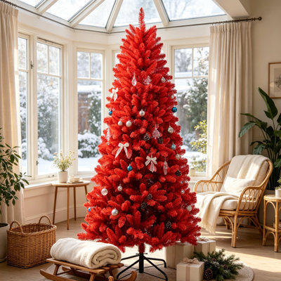 Arbre de Noël rouge de 5 pi, arbre de Noël artificiel en PVC pur avec 624 pointes luxuriantes, branches articulées à installation facile, support en métal stable, décor de fête moderne audacieux pour la fête à la maison