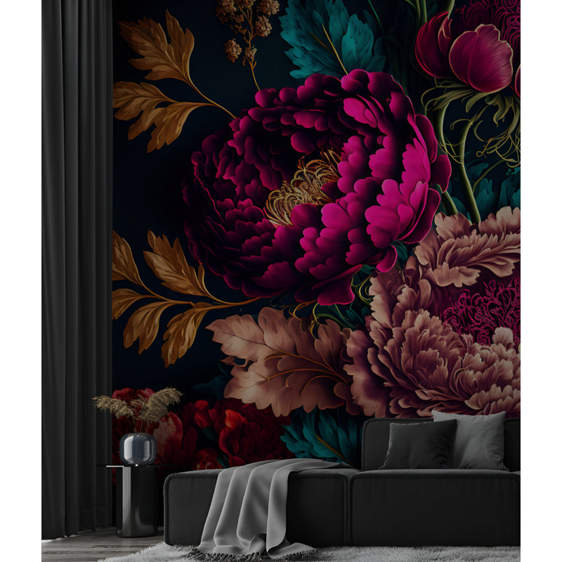 Papier peint adhésif mural à motif de pivoine foncée, 180" W x 100" H, Peel & Stick