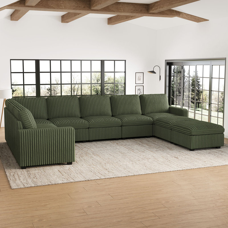 Oversized U Shaped Modular Corner Sectional Sofa With Storage Ottoman, Green Corduroy