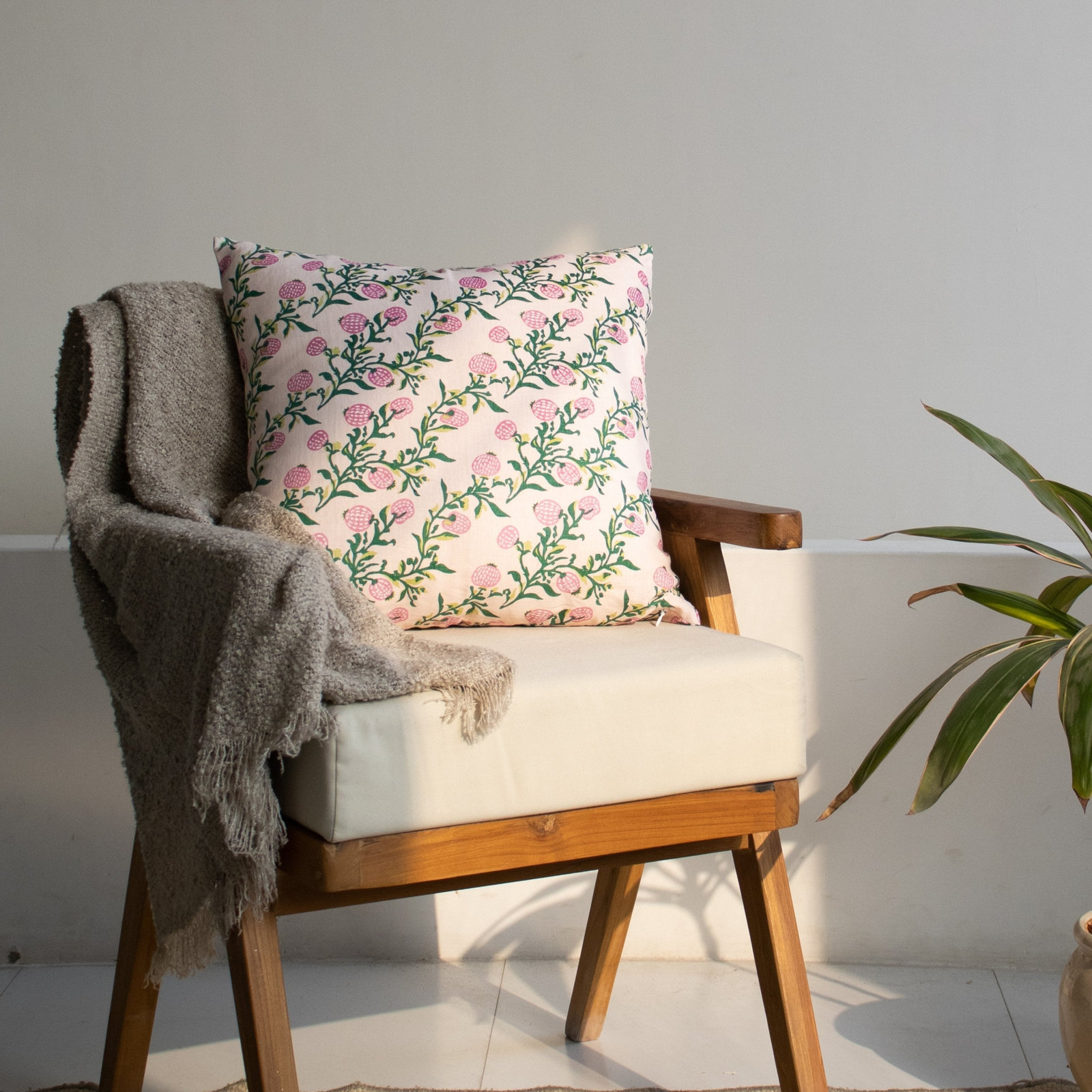 Linen Pillow Cover, Square 20", Green/Pink Floral